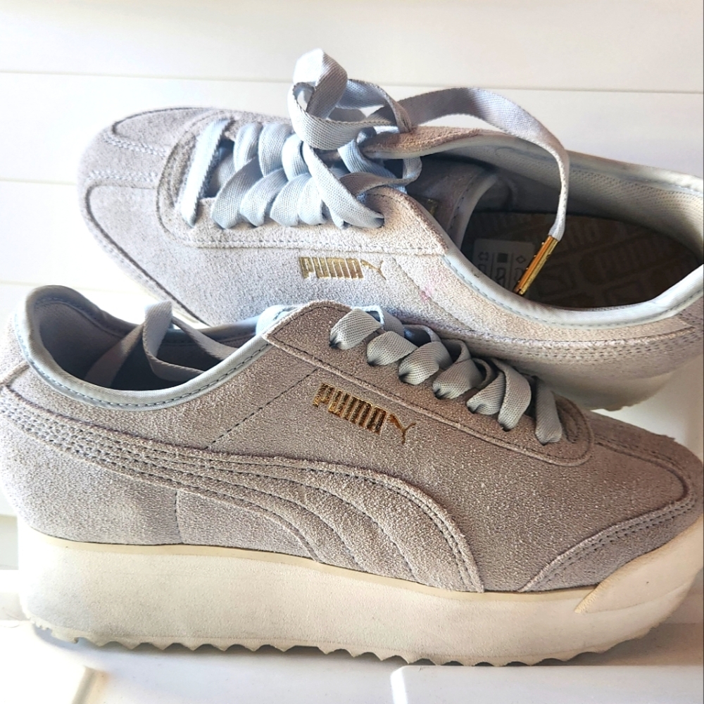 Puma Roma Sky Blue Platforms, Gold Detail
